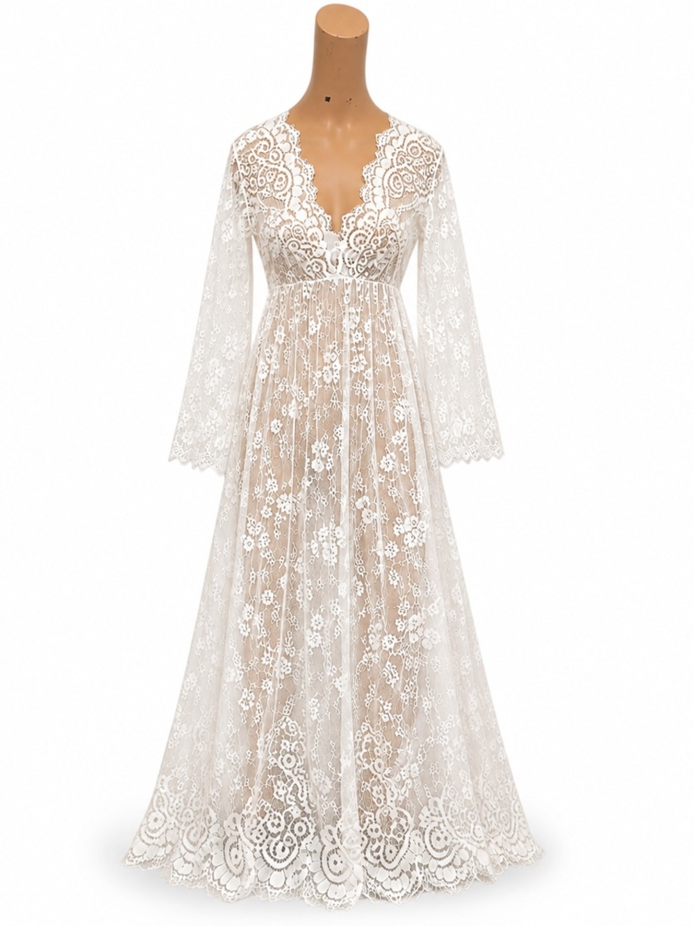 Elegant White Lace Maxi Dress with Scalloped V-Neck